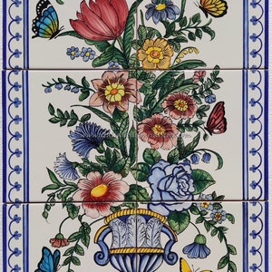 Vertical Ceramic Panel - Hand Painted Ceramic Tile Mural - Vase of Flowers and Butterflies Outdoor Wall Art - Garden Art - Decorative Tiles.