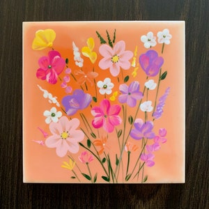 Pastel Wildflowers hand painted ceramic tile/ Ornament/ Wall Art/ Home Decor