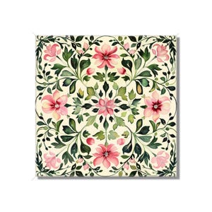 Pink And Green Floral Ceramic Tile - Cottage Kitchen Backsplash Tile - Pink Green Bathroom Wall Tile - Decorative Ceramic Tile With Flowers