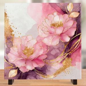 Pink Flowers Ceramic Tile, Handcrafted Pastel Floral Art, Great for Home Décor or Unique Gift for Garden Lovers - Abstract Floral Art Tile