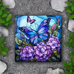 Butterfly Tile in Purple and Blue for Flower Garden, Printed Image Butterflies In Stained Glass Look Decorative Gift for Nature Lovers
